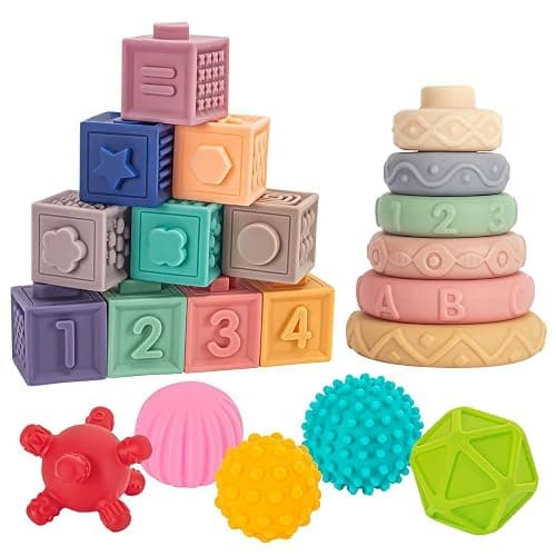 SpringFlower 3 in 1 Montessori Toys for Babies 0-3-6-12 Months, Soft Baby Teething, Stacking Building Blocks for Infants, Sensory Developmental Education Toys for Toddler Baby 12-18 Months,23 PCS thumbnail 8