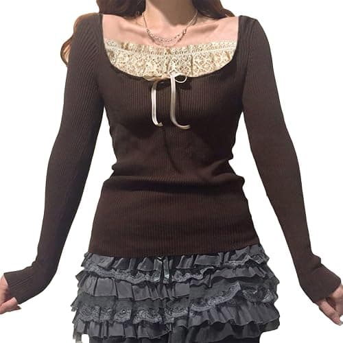 Women's Y2K Knitted Tops Long Sleeve Square Neck Lace Slim Fit Tops Fairy Grunge Shirt Aesthetic Clothes thumbnail 2