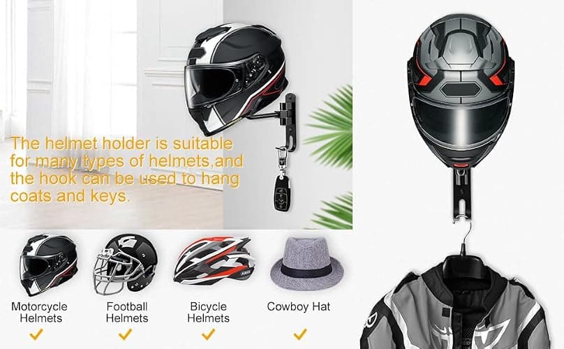 PAHTTO Motorcycle Helmet Rack 2 PCS, Helmet Holder Wall Mount 180 Degree Rotation Helmet Hanger with Double Hook for Coats, Caps, Hats, Motorcycle Accessories thumbnail 5