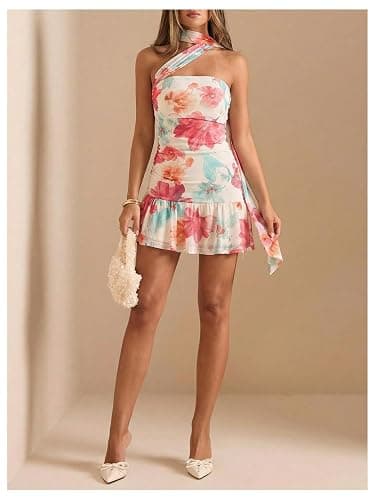 OYOANGLE Women's Floral Print Sleeveless Halter Short Dress Ruched Bodycon Ruffle Dress with Scarf thumbnail 5