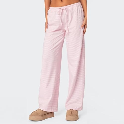 Women Striped Loose Pajama Pants Fall Drawstring Tie Up Elastic High Waist Trousers Fashion Y2k Wide Leg Lounge Pant thumbnail 3