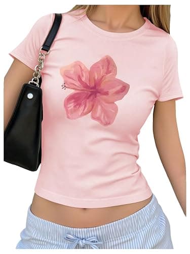 RoseSeek Floral Graphic Crop Tops for Girls Short Sleeve Slim fit Preppy Summer T Shirt Y2k Tops Trendy - Image 1