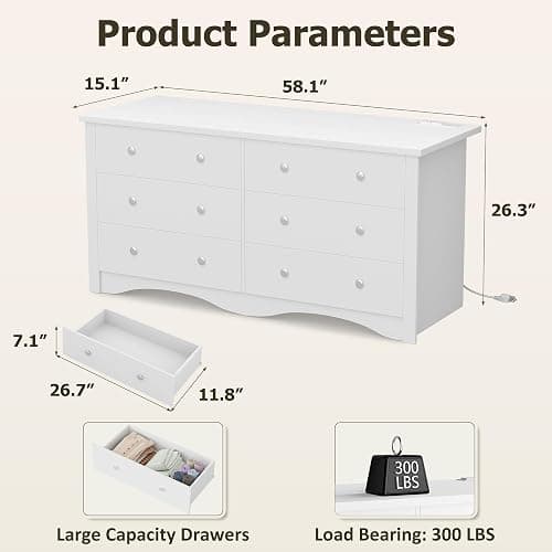 YESHOMY Dresser for Bedroom with Power Outlet,6 Drawers Dresser, Modern Chest of Drawers, Wooden Dressers, TV Stand for Living Room,Closet, Hallway (White) thumbnail 2