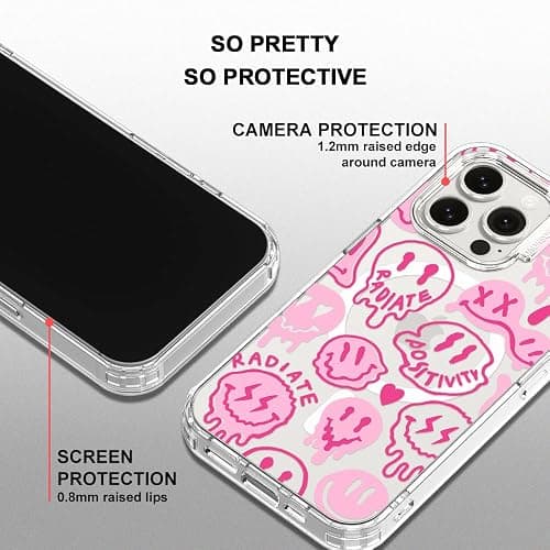 MOSNOVO Case for iPhone 15 Pro Max, [Compatible with Magsafe] [Buffertech 6.6ft Military-Grade Drop Protection] [Anti Peel Off Tech] Clear Phone Case Design - Pink Dripping Smiles thumbnail 4