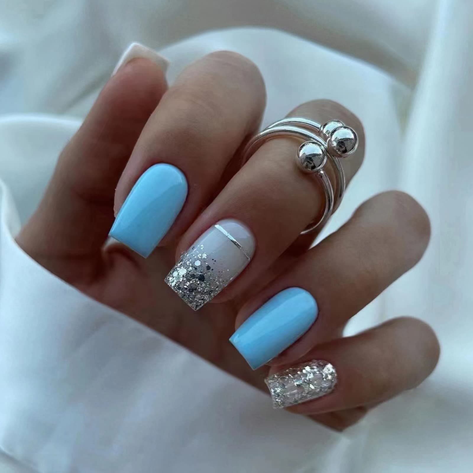TMUT 24pcs Square False Nails Short Stick on Nails Blue White Press on Nail with Silver Sequins Removable Glue-on Acrylic Full Cover Fake Nail Art Accessories for Women Girls - Image 1