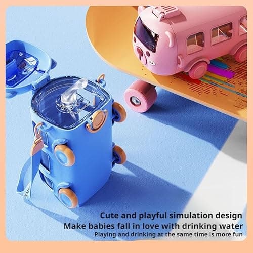 Portable Water Cup in Bus Shape with Strap 17Oz,Cute Bus Water Bottle with Straw,360°Leak-Proof Bounce Flip Top Straw Water Bottle,Detachable Fun Toy Bus Water Bottle for Boys Girls Camping Trips thumbnail 5