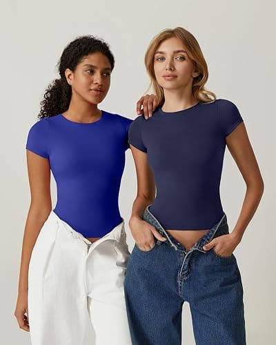 QINSEN Women's Crew Neck Short Sleeve Tees Double Lined Slim Fit T Shirt Basic Y2K Tops thumbnail 3