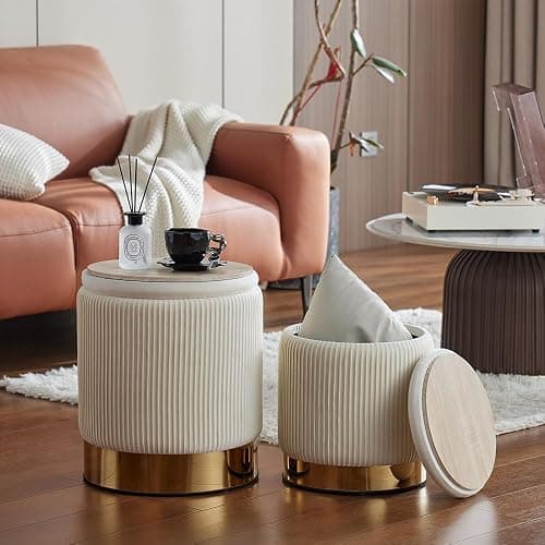 YYW HOME Round Ottoman with Storage Set of 2 Vanity Stool Foot Rest with Removable Lid White Velvet Storage Ottoman Stool for Living Room and Dorm thumbnail 2