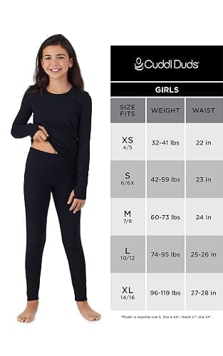 Cuddl Duds Girls Cold Weather Fleece-Lined Thermal Underwear 2-Piece Set - Kids Long Sleeve Top and Leggings Long Johns thumbnail 6