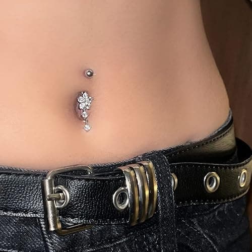 LAURITAMI 14G Dangle Belly Button Rings Set Navel Piercing Jewelry - Smooth Edges for Summer Outfits, 1.6mm Silver Tone CZ Butterfly Heart Flower Rings 5 Pcs thumbnail 3