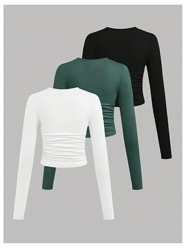SOLY HUX Girl's Long Sleeve T Shirts 3 Packs Crewneck Fall Tees Ruched Fitted Tee Shirt Tops thumbnail 2