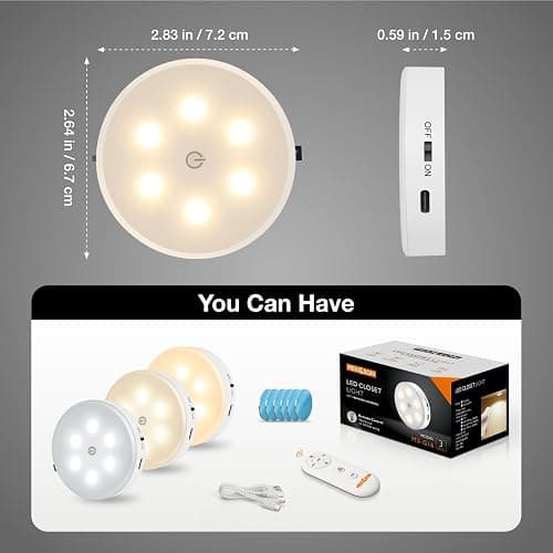 Wireless LED Puck Light with Remote,3 Color Temperatures Dimmable Under Cabinet, Closet Light, Rechargeable Under Counter Lighting,Stick On Lights for Bar,Hallway, Stairway,Kitchen - Cct thumbnail 7