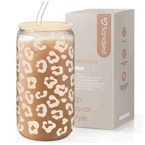 SANDJEST Leopard Glass Can, Beige Leopard Print Cup with Lid & Straw, Iced Coffee Aesthetic Cups, Gift for Christmas Birthday Mother Day, Gifts for Women, 16oz - Image 1