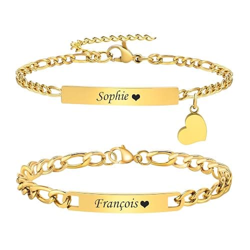 Personalized Matching Bracelet for Couple - Free Engraving Custom Couples Bracelets,Hypoallergenic Adjustable Stainless Steel Long Distance Relationship Jewelry,Promise Bracelet Gifts for Him and Her - Image 1