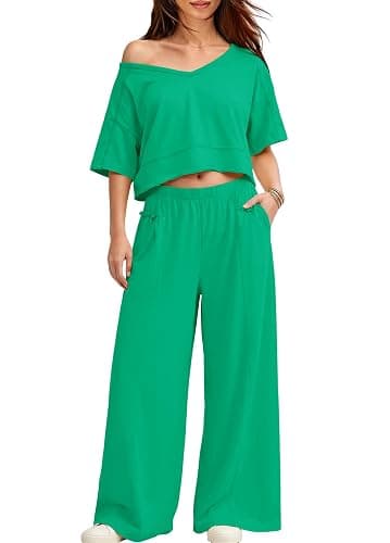 Yanekop Womens Two Piece Lounge Set for Summer Airport Travel Outfit V Neck Crop Tops and Wide Leg Pants with Pockets thumbnail 3