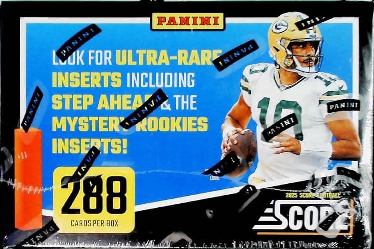 Panini 2025 Score NFL Football Factory Sealed Retail Box (24 Packs of 12 Cards) Chase possible autographs. Find 7 Parallels including 3 Exclusive Numbered Per Box, on average. Look for possible ultra-rare Inserts such as Step Ahead and Mystery Rookies Inserts. thumbnail 5