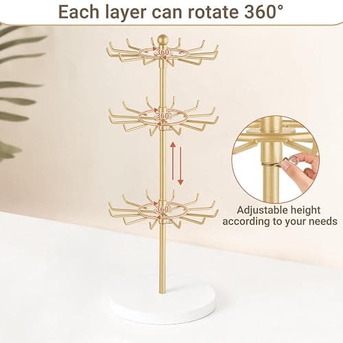 Mkono Bracelet Holder Gold Metal Rotating Bracelet Display Stand 3 Tier Jewelry Tower rack with 36 Hooks and Wood Base Modern Adjustable Storage Organizer Tree for Selling Bangle Accessories thumbnail 5
