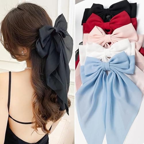 Hair Bows for Women & Girls: Big Bow Clips with Ribbons - Bow-Knot Clips for Thick & Thin Hair, Nonslip Claw Clips, 5 PCS - Image 1