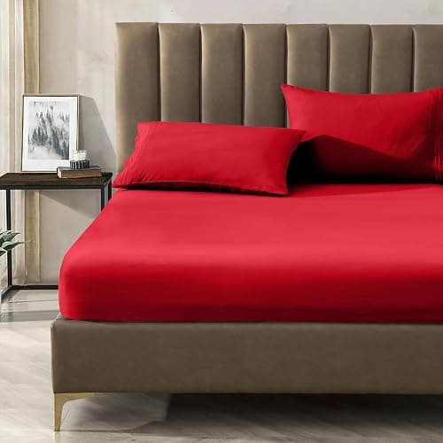 CELINE LINEN Premium 1800 Hotel Quality Wrinkle-Resistant 4-Piece Microfiber Sheet Set - Luxury Ultra Soft and Breathable Bedding 16 Inch Deep Pocket 4PC Sheet Set, Full, Red thumbnail 4