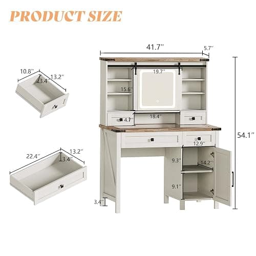 AMERLIFE 42'' Farmhouse Makeup Vanity Desk with Sliding Mirror and Lights, Glass Tabletop Vanity Table with 2 Drawers & Shelves for Bedroom(NO Bench), Antique White thumbnail 2