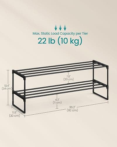 SONGMICS Shoe Rack, 2-Tier Shoe Organizer, Metal Storage Shelf, Upright or Upside Down, for 12-15 Pairs, Stackable, for Entryway, 11.8 x 36.2 x 13.4 Inches, Black ULSA12BK thumbnail 3