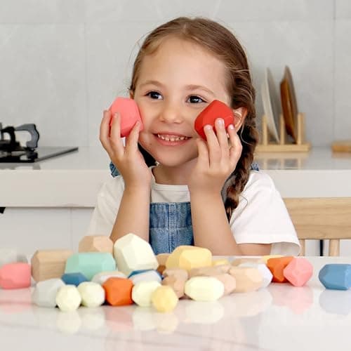 BESTAMTOY 36 PCS Wooden Sorting Stacking Rocks Stones,Sensory Toddler Toys Learning Montessori Toys, Building Blocks Game for Kids 3 4 5 6 Years Boy and Girl Birthday Gifts for Kids thumbnail 2