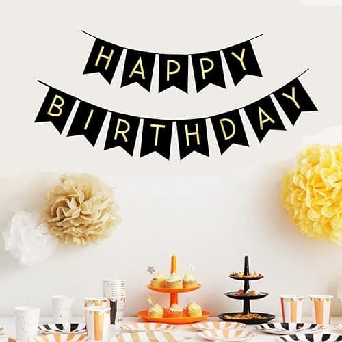 FECEDY Black Happy Birthday Bunting Banner with Shiny Gold Letters Party Supplies thumbnail 3