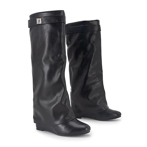 GOGD Fold Over Boots Women's Knee high Shark Boots Pointed Toe Wedge Heel Flat Shoes For Fall Winter Dress Boots - Image 1