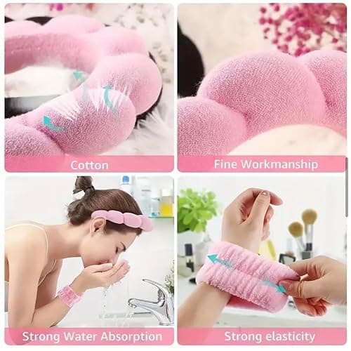 Pretty Magpie Pink Sponge Wristbands Set - Fast Dry Sponge Headbands for Women's Hair - Skincare & Makeup thumbnail 7