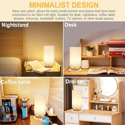 Small Bedside Table Lamp for Bedroom, Minimalist Wood Base & Round Fabric Shade, Mini Cute Cozy Warm White Nightstand Boho Lamp, Study Desk Night Stand Light for Room, Dorm, Nursery, Living Room thumbnail 7