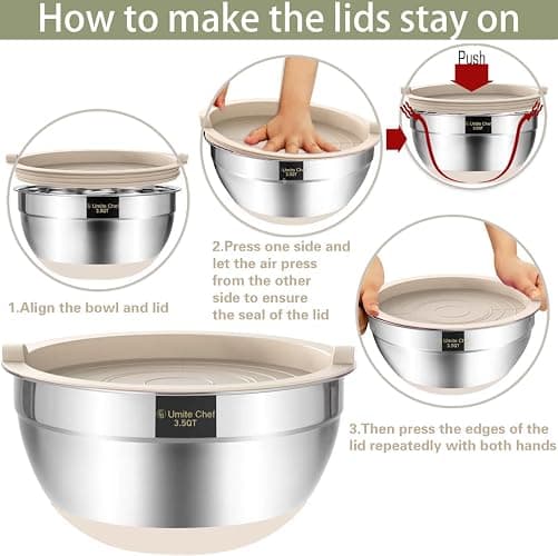Umite Chef Mixing Bowls with Airtight Lids, 6 piece Stainless Steel Metal Nesting Storage Bowls, Non-Slip Bottoms Size 7, 3.5, 2.5, 2.0,1.5, 1QT, Great for Mixing & Serving (Khaki) thumbnail 6