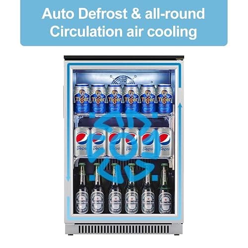 Weili 20 Inch Built in Beverage Fridge with Glass Door, 120 Can Under Counter Soda Beer Drink Refrigerator with Blue LED Light for Home Office or Bar, 36-50°F Auto Defrost thumbnail 7
