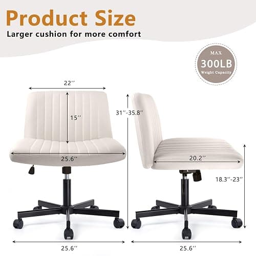 Criss Cross Chair with Wheels, Cross Legged Office Vanity Chair with Wheels, Comfortable Beige Vanity Chair with Back, Armless Fabric Adjustable Wide Swivel Criss Cross Desk Chair for Home Office thumbnail 2
