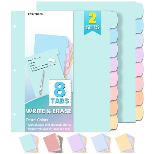 Forvencer 8-Tab Binder Dividers with Tabs, 2 Sets Write&Erase Dividers | Dividers for 3 Ring Binder, Durable Binder Tabs for Organizers, 3 Ring Binder Dividers with Tabs for School Office, Pastels - Image 1