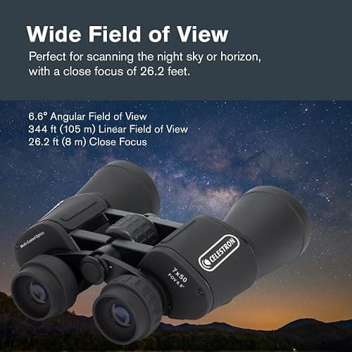 Celestron Cometron 7x50mm Astronomy Binoculars | Wide-Field Astronomy Binocular, Porro Prism, Multi-Coated Optics, Comfortable Handheld, Tripod Adaptable, Carrying Case thumbnail 5