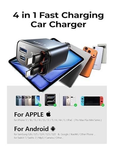 LISEN Retractable Car Charger, 84W Car Charger USB C Fast Charge, Multi Cigarette Lighter Adapter, 4 in 1 Car Accessories Birthday Gifts for Men Women Dad Mom Husband, for iPhone 17 16 15 14 13 12 X thumbnail 7