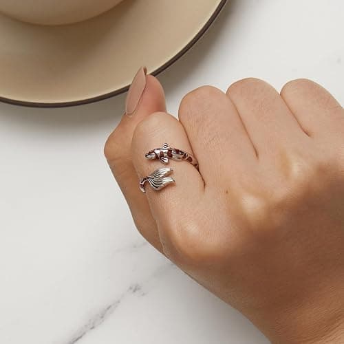 WOSTU Animal Open Adjustable Ring Playful Cat Dachshund Snake Koi Fish Hummingbird Bat Heart Feather Stacking Ring for Women, Sterling Silver Plated Pet Memorial Jewelry Gift for Cat Lovers thumbnail 3