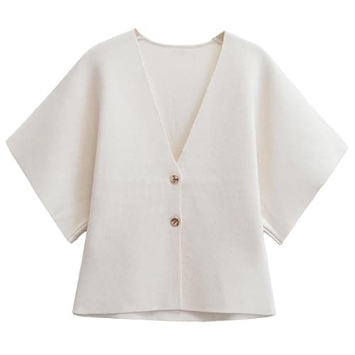 hathne Women's V Neck Short Sleeve Cardigan Sweater Button Down Ribbed Knit Tops - Image 1