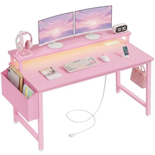 Lufeiya Girls Desk with Power Outlets and LED Lights, 40 Inch Gaming Desk Table with Charging Station, Home Office Computer Desks with Monitor, Pink - Image 1