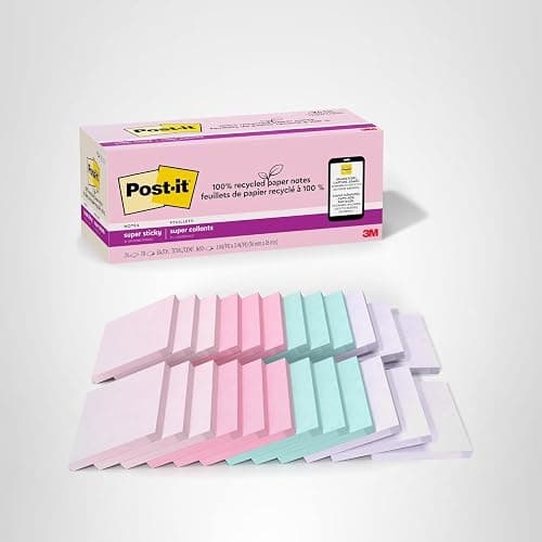 Post-it 100% Recycled Paper Super Sticky Notes, 3 in. x 3 in., 24 Pads, 70 Sheets per Pad, Wanderlust Pastels, School Supplies and Office Products thumbnail 18