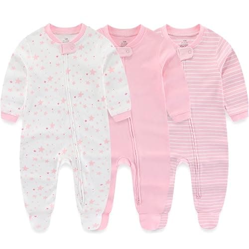 MAMIMAKA Newborn Baby Boy Girls Clothes 2-Way Zip Footed Cotton Bodysuit 3-Pack Long Sleeve Outfits 0-12Months Baby Pajamas - 9-12 Months - Stars + Solid Color + Stripes Pink - Image 1