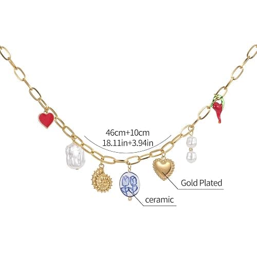 Trendy Stainless Steel Gold Plated Charm Necklace with Heart Pearl Pepper Conch Ceramic Pendant Necklace for Women Collares Chokers Jewelry thumbnail 5