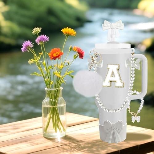 Accessories Set for Stanley Cup 30&40oz, Bow Strap, Boot & Toppers White M | 10PCS set with pearl bow strap, letter charm, silicone boot, straw topper and spill proof stoppers for tumbler decor thumbnail 4