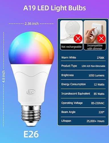 ILC Colour Changing Light Bulbs 85W Equivalent, Remote Control Light Bulb 2700K Warm White, LED RGB Light Bulb 6 Modes, Timing, Sync, E26 Screw Base (2 Pack) thumbnail 9