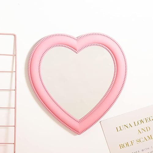 Mokoze Desk Heart Mirror, Wall Mounted Mirror with Bracket Hanging Hole, 11"x10.6" Light Pink for Table Home Room Decor, Birthday Gift for Girl Women thumbnail 4