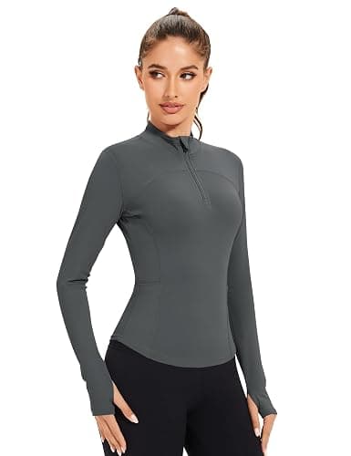 IECCP Women's Gym Tops 1/4 Zip Long Sleeve Quick-Dry Sports T-Shirts Lightweight Athletic Activewear with Thumb Holes, Side Pockets for Yoga, Running, Workout thumbnail 3