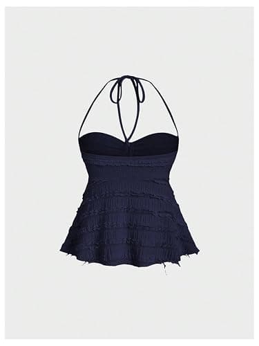 SOLY HUX Women's Peplum Halter Crop Tops Y2K Drawstring Tie Ruched Dressy Casual Spaghetti Strap Cami Top thumbnail 2