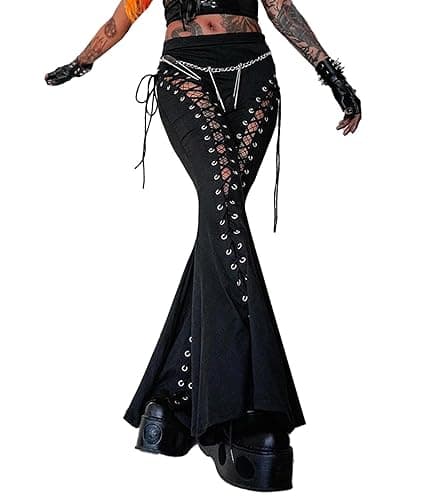 xxxiticat Women's Lace Up Pants High Waist Bandage Criss Cross Bandage Tie Up Cutout Gothic Flared Bell-Bottom Trousers - Image 1