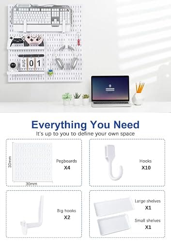 Pegboard Wall Organizer Kit – Heavy Duty 20lbs Load Bearing, Easy Installation, 4 Peg Board Panels 14 Accessories – Multi-Surface Use For Garage, Office, Kitchen & Crafts (White Pegboard,24″×24″) thumbnail 4