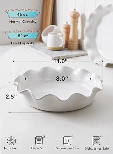 LE TAUCI Ceramic Pie Pans for Baking, 11 Inches Deep Dish Pie Plate for Apple Pie, Pot Pie, 48 Ounce Baking Dish with Ruffled Edge, Set of 2, White thumbnail 4